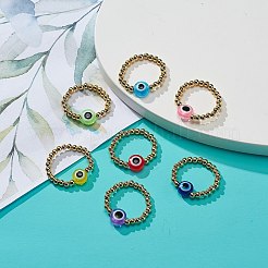 7 pz 7 colori resina malocchio e 304 acciaio inossidabile perline elastiche anelli per le dita&nbsp;RJEW-JR00533