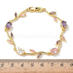 Messing-Armbänder mit Mikropavé und Zirkonia in Oval- und Blattform für Damen&nbsp;BJEW-G764-05G-01