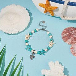 Legierungs-Schildkröten-Charme-Armband mit synthetischem türkisfarbenem (gefärbtem) Seestern-Perlenarmband für Frauen&nbsp;BJEW-TA00197