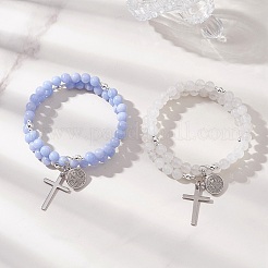 2 Stück zweireihiges Stretch-Armband aus naturgefärbten blauen Spitzenachat- und weißen Jadeperlen&nbsp;BJEW-JB13065