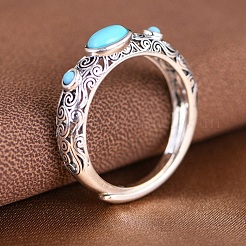 Verstellbarer synthetischer Türkis mit 925 Sterlingsilber-Fingerring&nbsp;RJEW-C155-06
