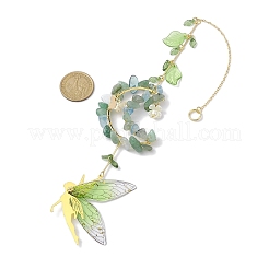 Aventurine verte naturelle enveloppée de fil et puce d'aigue-marine et ornements suspendus de lune en laiton&nbsp;HJEW-TA00216