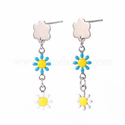 Orecchini a bottone pendenti lunghi con fiore smaltato&nbsp;EJEW-N049-04A