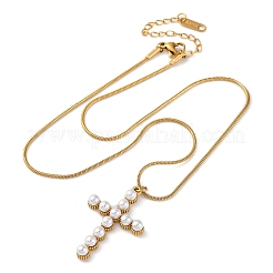Colliers à chaîne serpent ronde avec pendentif en croix en acier inoxydable 304 et perles en plastique plaqué sous vide PVD pour femmes&nbsp;STAS-Z114-20G