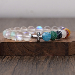 Braccialetti elastici con perle rotonde in pietra di luna naturale e agata satinata per uomo e donna&nbsp;HA0500