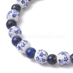 Bracelets extensibles en porcelaine imprimée de fleurs faites à la main et en perles de lapis-lazuli naturelles teintes pour hommes et femmes&nbsp;BJEW-JB12101