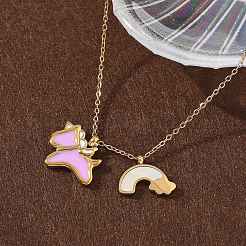 Halsketten mit Anhänger aus 304 Edelstahl mit rosa Emaille und natürlicher weißer Muschel und Einhorn-Regenbogenanhänger für Damen&nbsp;NJEW-M101-02G