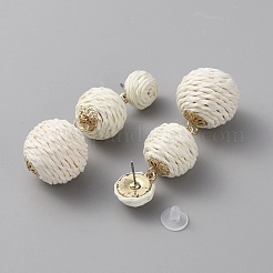 Aretes colgantes con bola redonda de hierba de rafia&nbsp;EJEW-WH0009-73B