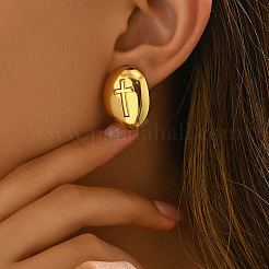 Elegantes pendientes de botón de acero inoxidable 201 con diseño ovalado y patrón de cruz.&nbsp;EK8654