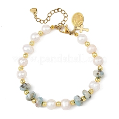 Pulseras de cuentas de larimar natural en forma de rondel y perlas cultivadas de agua dulce naturales de patata.&nbsp;BJEW-JB14435
