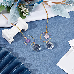 2 stücke stern natürliche rose quarz & amethyst & glas runde anhänger dekoration&nbsp;HJEW-DR00183