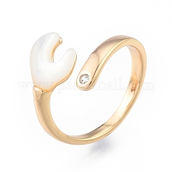 Anneau de manchette ouvert coeur coquillage naturel avec zircon cubique transparent&nbsp;RJEW-N039-09LG