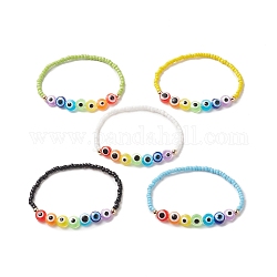Bracelets extensibles en perles de verre et mauvais œil en résine et laiton pour femme, couleur mixte, diamètre intérieur: 2-1/8 pouce (5.5 cm)