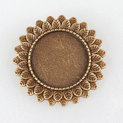 Vintage Alloy Brooch Cabochon Bezel Settings, with Iron Pin Brooch Back Bar Findings, Flower, Cadmium Free & Nickel Free & Lead Free, Antique Bronze, Flat Round Tray: 20mm, 33x2mm, Pin: 0.6mm