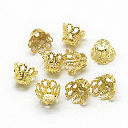 Tapas de abalorios de filigrana de campana de hierro plateado, gorras de cuentas de lujo, flor, 4-pétalo, dorado, 6.5x4.5mm, agujero: 1 mm