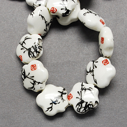 Handgemachte Porzellan Perlen gedruckt, Blume, Schwarz, 14x15x6 mm, Bohrung: 3 mm