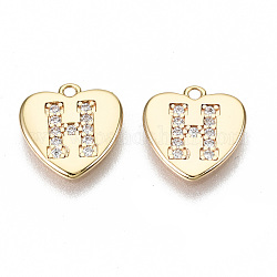Brass Micro Pave Clear Cubic Zirconia Charms, Nickel Free, Real 18K Gold Plated, Flat Heart, Letter.H, 10x10x1mm, Hole: 1mm