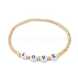Perline di vetro si estendono bracciali, per San Valentino, con perline acriliche e perline distanziali in ottone dorato, parole di love, oro, diametro interno: 2-1/4 pollice (5.6 cm)