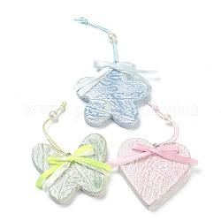 Natural Wood Pendant Decorations, with Hemp Cord & Bead, Butterfly & Flower & Heart, Mixed Color, 140~170mm, 3pcs/box