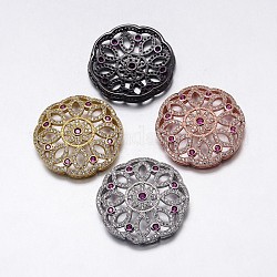 CZ Brass Micro Pave Cubic Zirconia  Flat Round with Flower Pendants, Lead Free & Cadmium Free, Mixed Color, 32x7mm, Hole: 1x4mm