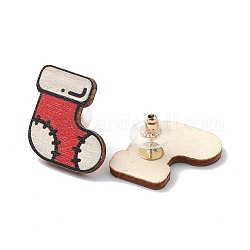 Christmas Printed Wooden Stud Earrings, with 316 Stainless Steel Pins for Women, Christmas Socking, 22.5x23mm, Pin: 0.7mm