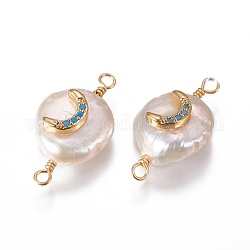 Connecteurs de liens de perles naturelles, avec les accessoires de zircone et en laiton cubes, plat rond avec la lune, or, bleu profond du ciel, 19~23x10~12x6~9mm, Trou: 1.6mm