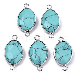 Synthetic Turquoise Links/Connectors, Platinum Tone Brass Edge, Faceted Oval, 27.5x14~15x6mm, Hole: 2mm