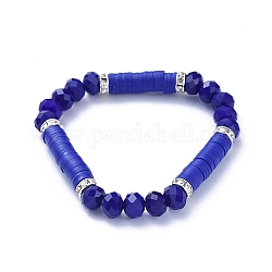 Bracelets élastiques, avec des perles heishi en pâte polymère, perles de verre à facettes imitation jade et perles de strass en laiton, bleu, diamètre intérieur: 2-1/4 pouce (5.7 cm)