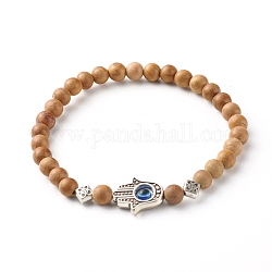 Bracelets extensibles en perles de bois naturel, avec un alliage perle de style tibétain, main hamsa/main de miriam avec le mauvais œil, burlywood, diamètre intérieur: 2-1/8 pouce (5.45 cm), 5.5mm