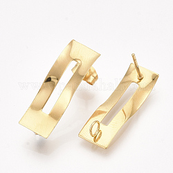 304 Stainless Steel Stud Earring Findings, with Loop and Ear Nuts/Earring Backs, Rectangle, Golden, 24.5x8mm, Hole: 2.5mm, Pin: 0.7mm