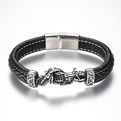 Bracelets de cordon en cuir tressé pour hommes, avec accessoires en 304 acier inoxydable et les fermoirs magnétiques, moto, noir, 8-5/8 pouce (22 cm), 12x7mm