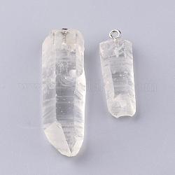 Pendentifs de cristal de quartz naturel, pendentifs en cristal de roche, avec les accessoires en laiton de tonalité de platine, pépites, 32~47x11~16x8~13mm, Trou: 2mm
