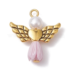 Colgantes de resina imitación perla, Dijes de ángel rosa con alas de corazón de aleación chapadas en oro antiguo, cardo, 23.5~24x22x6.5mm, agujero: 1.8~2.2 mm