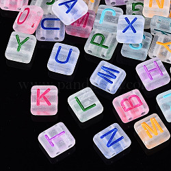 Maillons multi-brins en acrylique transparent givré, pour la fabrication de bracelets élastiques, carré avec lettre, lettre mixte, couleur mixte, 8x8x4mm, Trou: 1.5mm