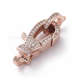 Brass Micro Pave Cubic Zirconia Lobster Claw Clasps, with Bail Beads/Tube Bails, Clear, Real Rose Gold Plated, 22.8x12x4.8mm, Hole: 4mm