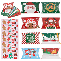 BENECREAT 32Pcs 8 Styles Christmas Foldable Paper Candy Pillow Box, Christmas Party Gift Package, with 6 Sheets Christmas Hang Tags Sheets, Mixed Color, Box:7.4x12x2.75cm