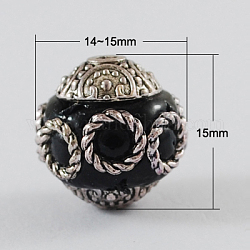 Handmade Indonesia Beads, with Alloy Cores, Round, Black, 14~15x15mm, Hole: 2mm