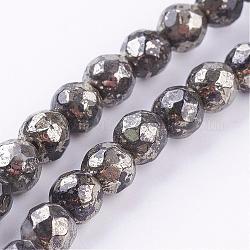 Natural Pyrite Beads Strands, Round, Faceted, 6mm, Hole: 1mm, about 62pcs/strand, 16 inch