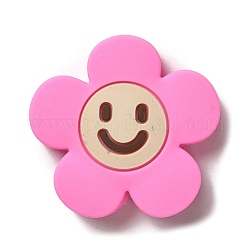 Perles de silicone, fleur avec le visage souriant, perles de dentition en silicone, rose foncé, 30x31x8.5mm, Trou: 3mm