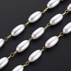 304 cadenas de perlas de imitación de plástico abs y acero inoxidable, soldada, con carrete, oval, real 16k chapado en oro, 7.5x3.5mm, aproximadamente 65.62 pie (20 m) / rollo