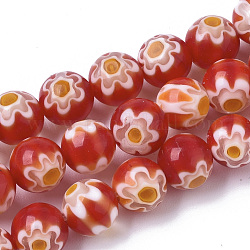 Handgemachte Millefiori Bunte Malerei Perlen Stränge, Runde, rot, 8 mm, Bohrung: 1.2 mm, ca. 48 Stk. / Strang, 14.17 Zoll (36 cm)