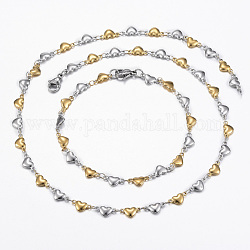 Set di gioielli a due anelli in acciaio inossidabile con catena a cuore, collane e bracciali, con chiusure moschettone, oro & colore acciaio inossidabile, 304 pollice (17.72 cm), 45 pollice ~ 7-7/8 pollici (8-1/4 mm)