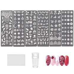 Set di strumenti per manicure, con piastre per stampaggio nail art in acciaio inossidabile, modelli di immagine del chiodo, set di timbri e raschietti in silicone, Modello floreale, colore acciaio inossidabile, 9 pc / set