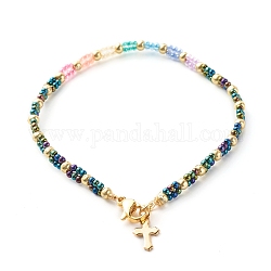 Bracelet de perles de graines de verre pour fille femme, bracelet avec breloque petite croix, or, gris ardoise, 7-1/2 pouce (19 cm)