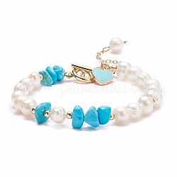 Bracelet en perles d'howlite synthétique et de perles avec breloques en alliage d'émail et de cœur, bijoux en pierres précieuses pour femmes, or, 7-5/8 pouce (19.4 cm)