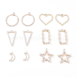 Colgantes de perlas de imitación de plástico abs, fornituras de aleación, para la fabricación de la joya, anillo/rectángulo/triángulo/corazón/estrella/luna, la luz de oro, 21~39x13~32x3~6mm, agujero: 1.6 mm, 12 PC / sistema