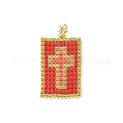 Perles de rocailles à motif de métier à tisser japonais Miyuki faites à la main, rectangle avec pendentifs croix, rouge, 30~30.5x16x2mm, Trou: 2.5mm