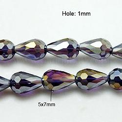Chapelets de perles en verre électroplaqué, de couleur plaquée ab , larme à facettes, violette, 7x5mm, Environ 65~67 pcs/chapelet, 18~18.5 pouce (45.5~46.9 cm)
