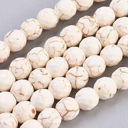 Brins de perles de magnésite naturelle, facette, ronde, floral blanc, 8mm, Trou: 1mm, Environ 46 pcs/chapelet, 15.74 pouce