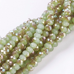 Electroplate Glass Faceted Rondelle Beads Strands, Imitation Jade, Half Plated, Dark Khaki, 4x3mm, Hole: 1mm, about 123~127pcs/strand, 16.5~16.9 inch(42~43cm)